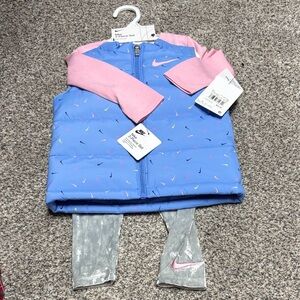 Nike Blue Puffer Vest Set with Pink Sleeves and Silver Leggings